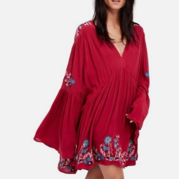 FREE PEOPLE Red Floral Te Amo Bohemian Mini Dress, Large - Picture 3 of 16